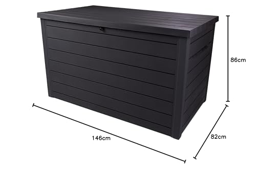 Keter Ontario XXL Cushion Box, Storage Box, Anthracite, 870 Litres, Wood Look with Gas Pressure Springs, Approx. 146 x 82 x 86 (H) cm