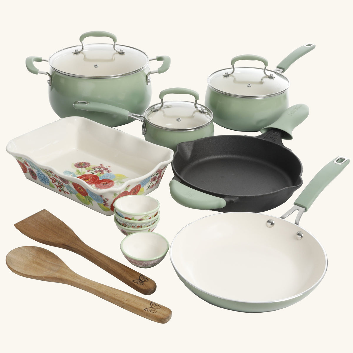 The Clara 17-Piece Classic Belly Aluminum Cookware Combo Set, Mint