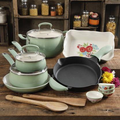 The Clara 17-Piece Classic Belly Aluminum Cookware Combo Set, Mint