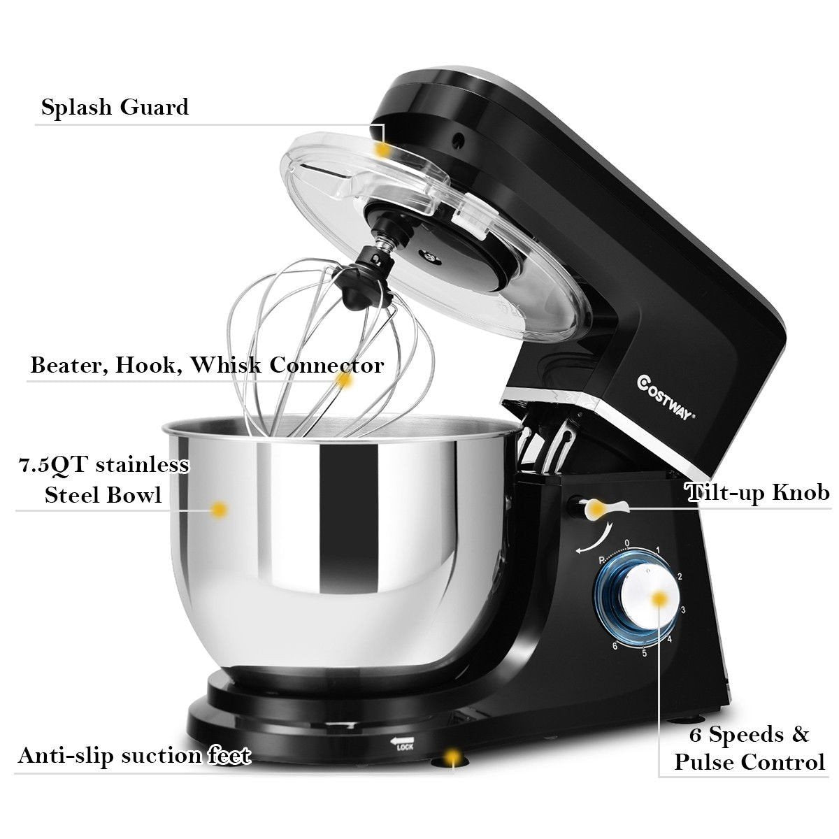 6 Speed 7.5 Qt Tilt-Head Stainless Steel Electric Food Stand Mixer