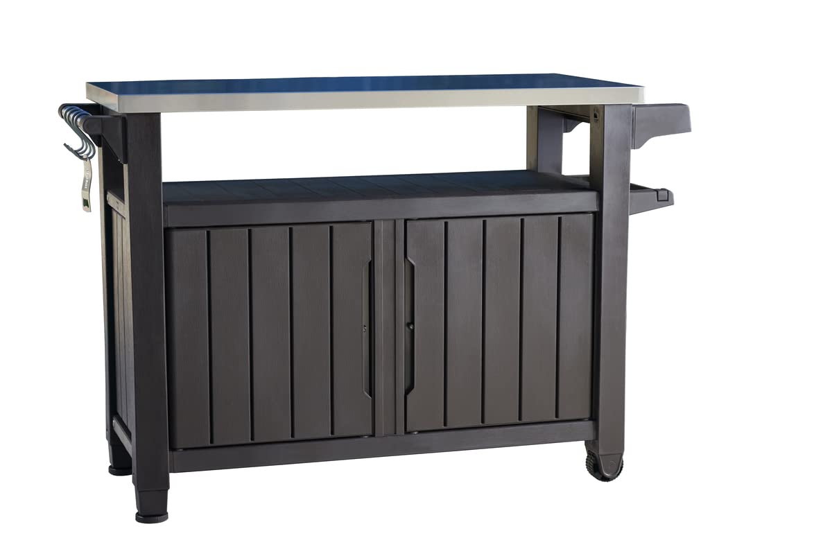 Keter Unity XL BBQ Side Table, Dimensions 134 x 51.7 x 89.6 cm, Grey, Weatherproof, Stainless Steel Worktop, Outdoor Sideboard, Perfect for Grilling in Spring