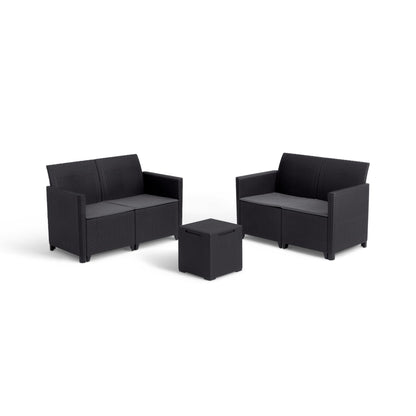 Keter Marie Outdoor Lounge Set | 2 Sofas + Vigo Storage Table + Cushions | Rattan-Effect Finish | Weatherproof Resin | 15-Min Easy Assembly | 3-Year Guarantee