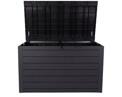 Keter Ontario XXL Cushion Box, Storage Box, Anthracite, 870 Litres, Wood Look with Gas Pressure Springs, Approx. 146 x 82 x 86 (H) cm