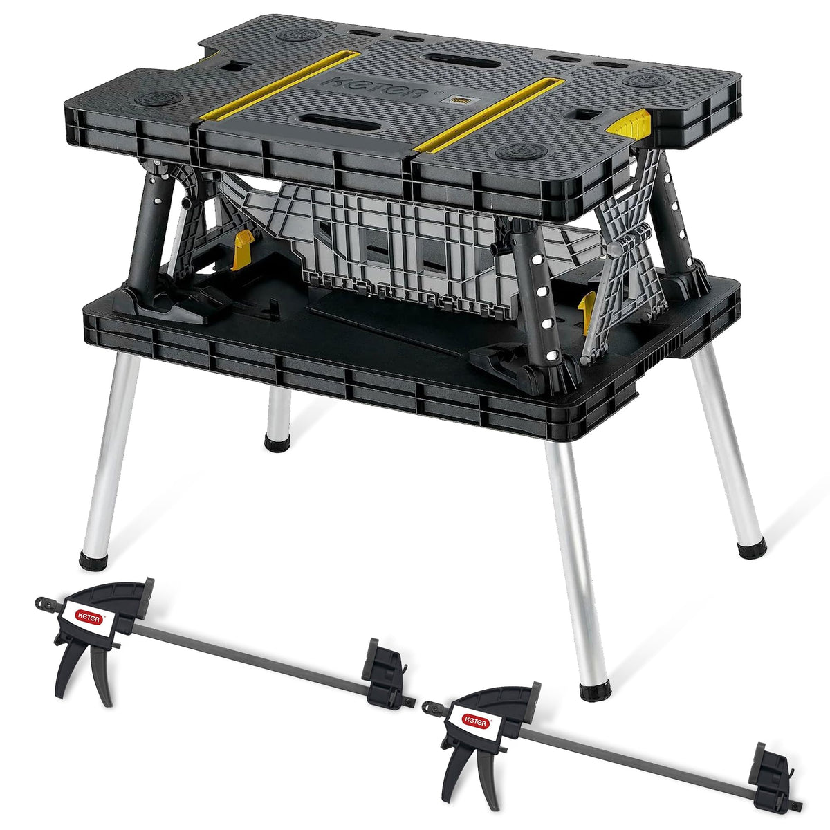 Keter Folding Work Table, Portable Workbench w/ 12" Clamps for Garage/Wood Shop