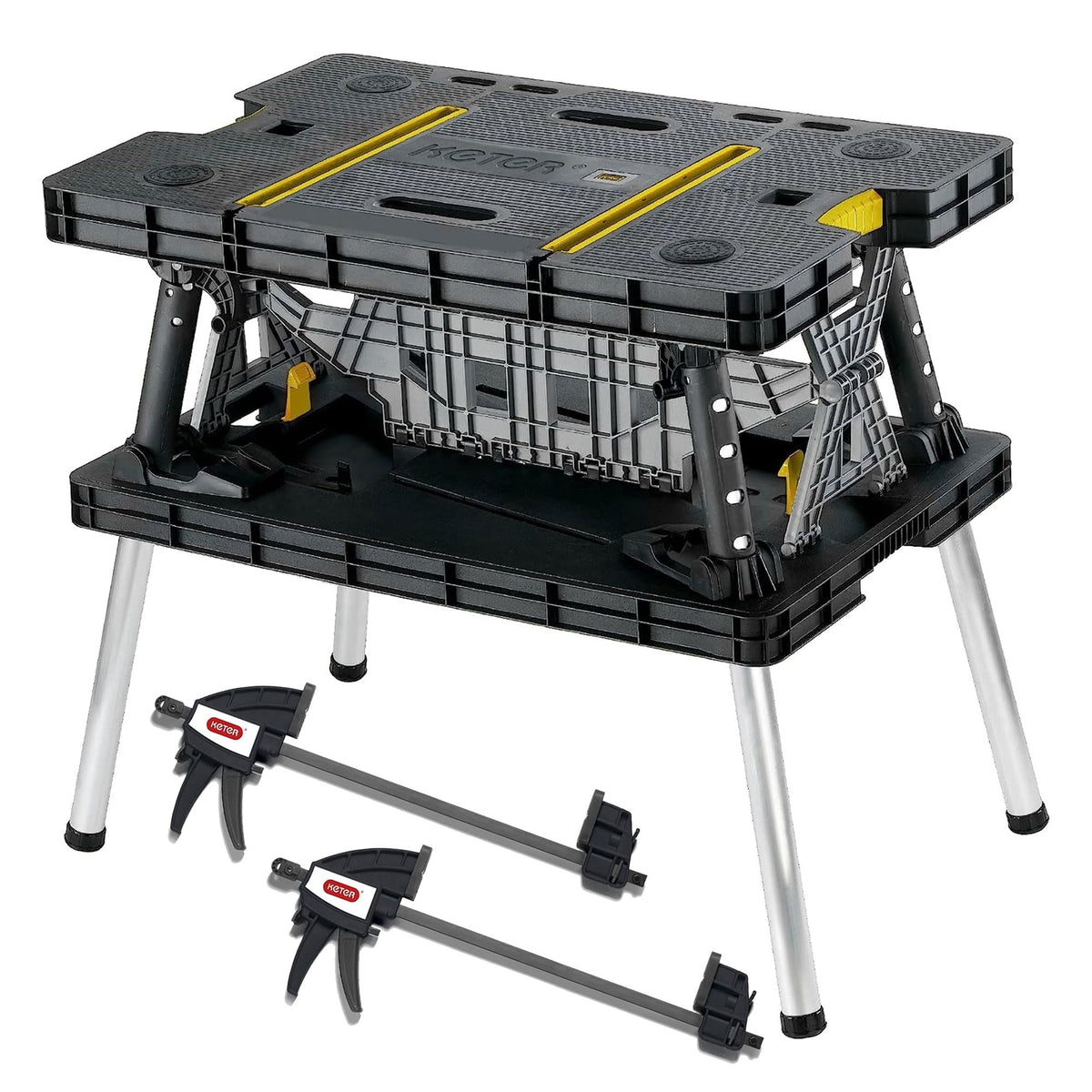 Keter Folding Work Table, Portable Workbench w/ 12" Clamps for Garage/Wood Shop