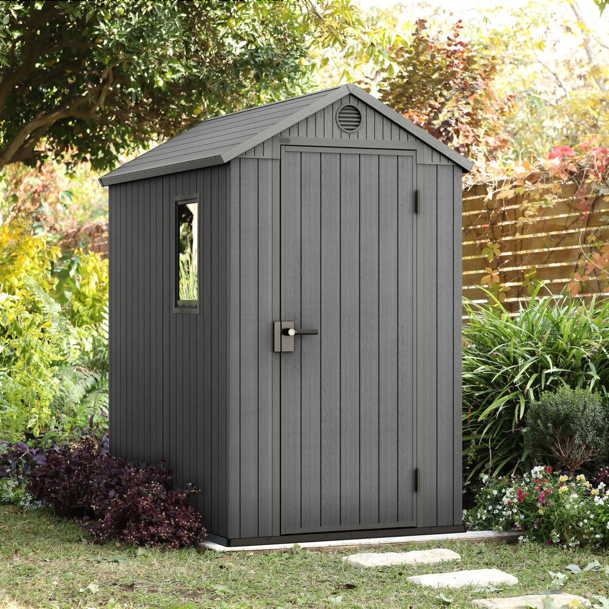 Keter Darwin Outdoor Apex Single Door Garden Storage Shed 6 x 4ft Grey Wood Look and Feel | Fade Free | All Weather Resistant | Safe and Secure | Zero Maintenance | 15 year Warranty